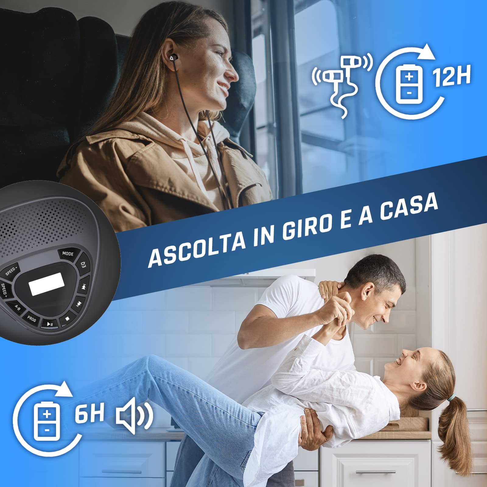 Lettore CD Portatile Stereo con Altoparlanti, Batteria Ricaricabile, microSD, AUX per Auto