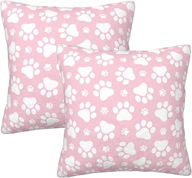 Dog Paws Pink Throw Pillow Covers 16 X 16 Inch Cute Animal Paw Print Decorative Pillowcases Square Cushion Cover for Couch Bedroom Living Room Home, Set of 2