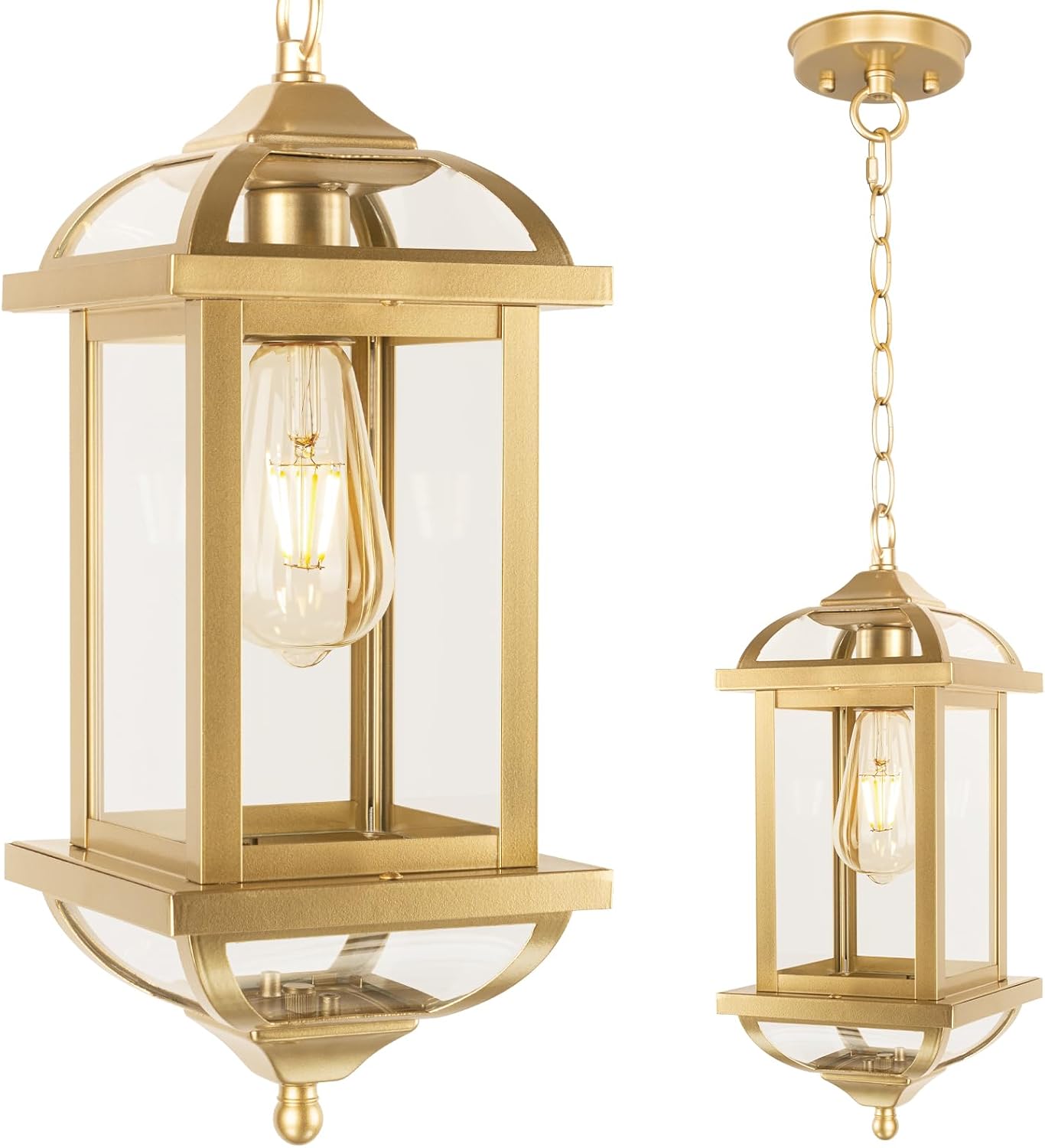 Gold Outdoor Pendant Light for Porch Fully Enclosed, 16 Inch Large Exterior Hanging Light Aluminum Made Anti-Corrosion Outside Ceiling Mount Lights Brass Chandelier Entry Light, E26