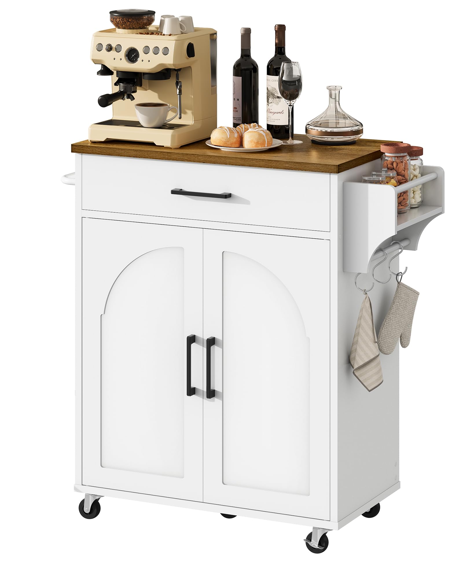 CHOEZON Isola da Cucina Mobile Stile Rustico, Mobile da Cucina con Rotelle con Contenitore, Carrello di Servizio con Cassetto e Ganci, Ripiano Porta Spezie, Bianco e Marrone Noce DMZD05WL