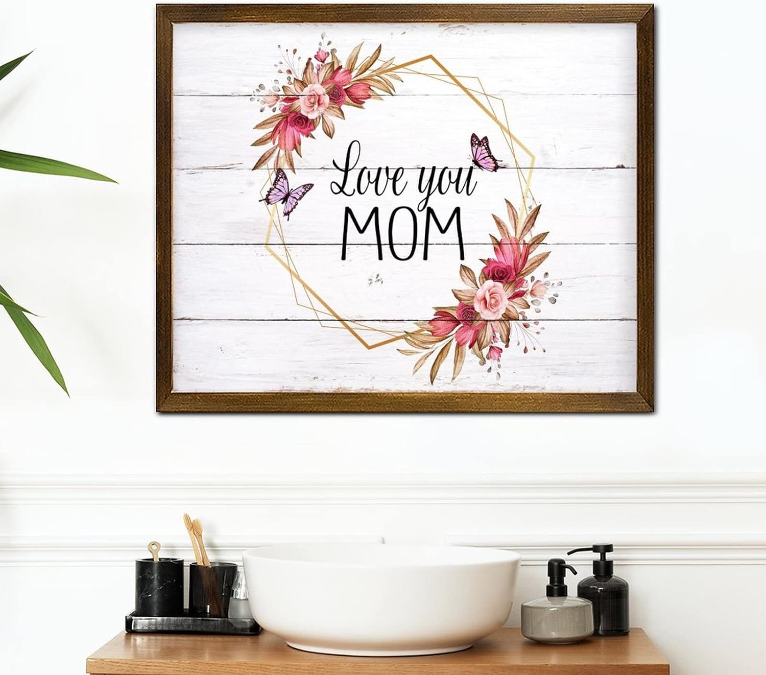 Love You Mom Framed Wooden Sign Fresh Sunflower Flower Wreath Wooden Wall Sign Rustic Botanical Artwork Wood Hanging Sign Decor for Home Kitchen Living Room Table 16x20 Inch