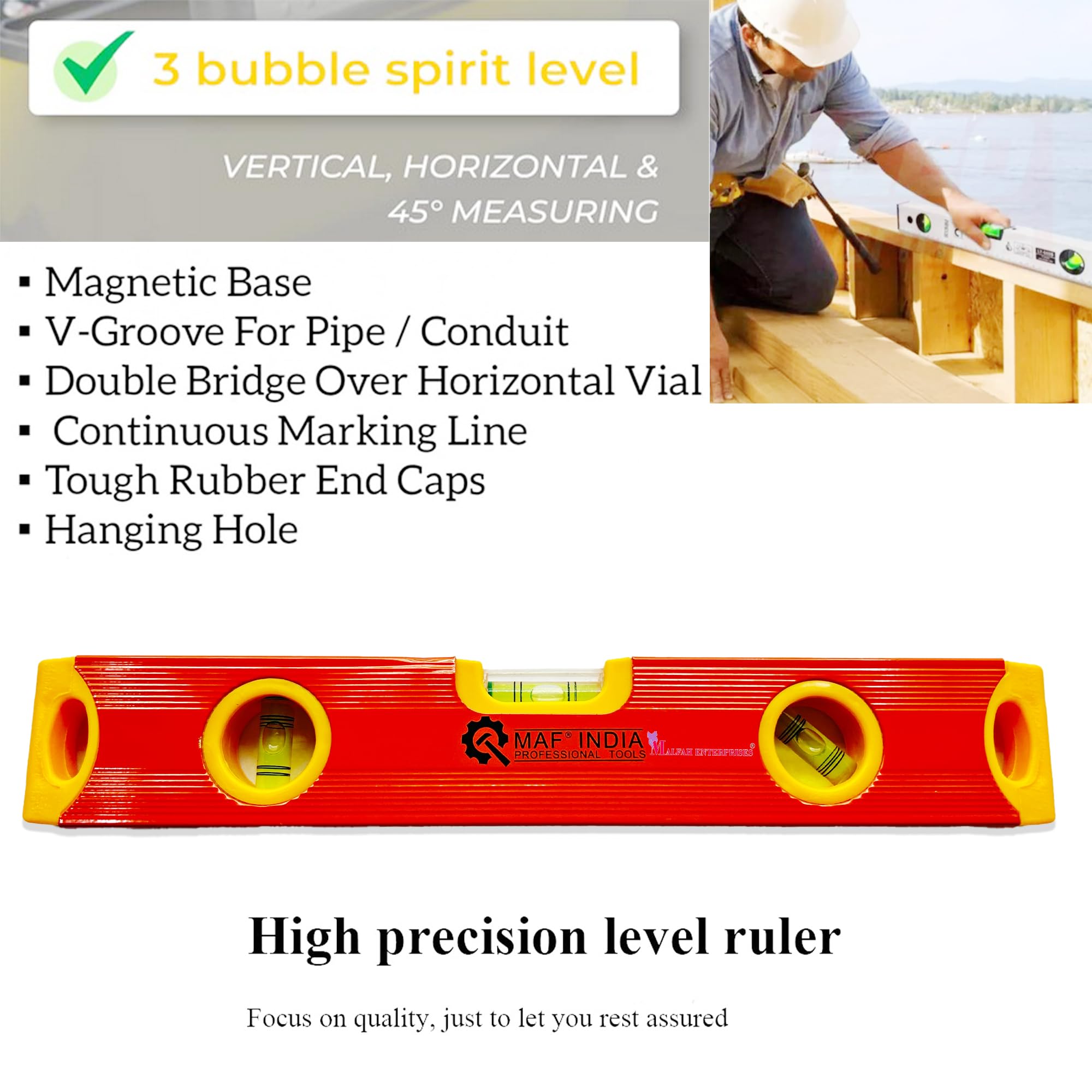 Malfah Carpenter's Spirit Level 12" Inch Magnetic Aluminum Frame Line (30 cm) MAF Orange