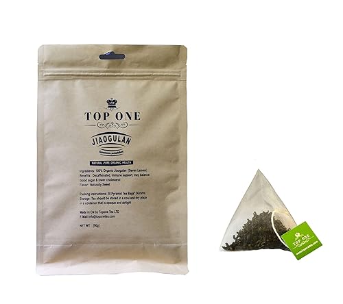 JQ Jiaogulan Té de hierbas de hojas sueltas Té de gynostemma saludable Natural Dulce Sin Cafeína Sin Cafeína, 30 Bolsas de Pirámide