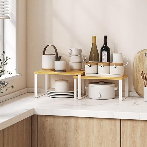 Miniatura 2 de Juego de 4 estantes organizadores de armario de cocina, estantes resistentes para encimera de cocina con patas de metal, estante apilable de madera