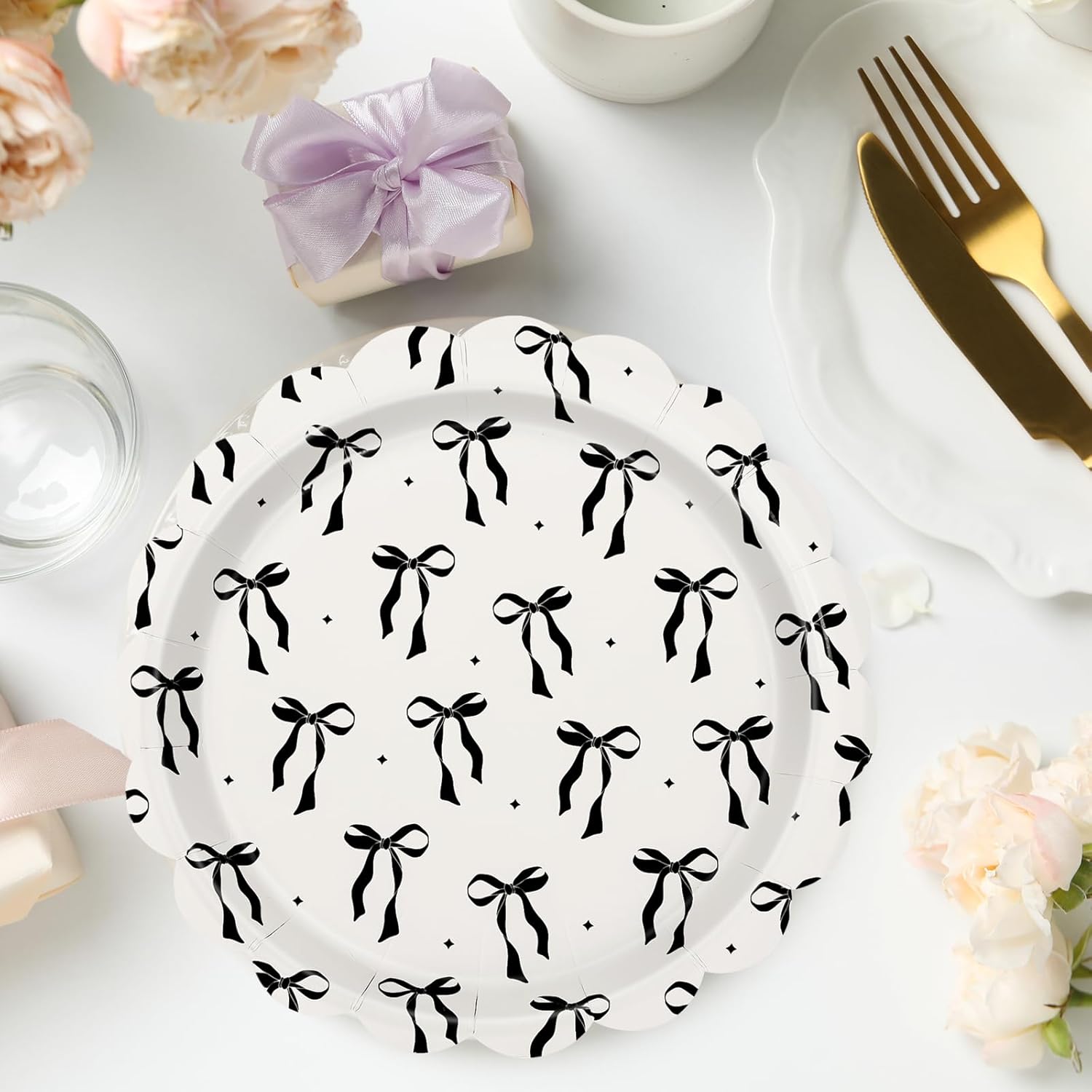 JarThenaAMCS 50Pcs Black Bow Paper Plate Scalloped Bowknot Disposable Plate 9 Inch Decorative Dinner Plate for Birthday Bachelorette Party Table Decor - Image 5