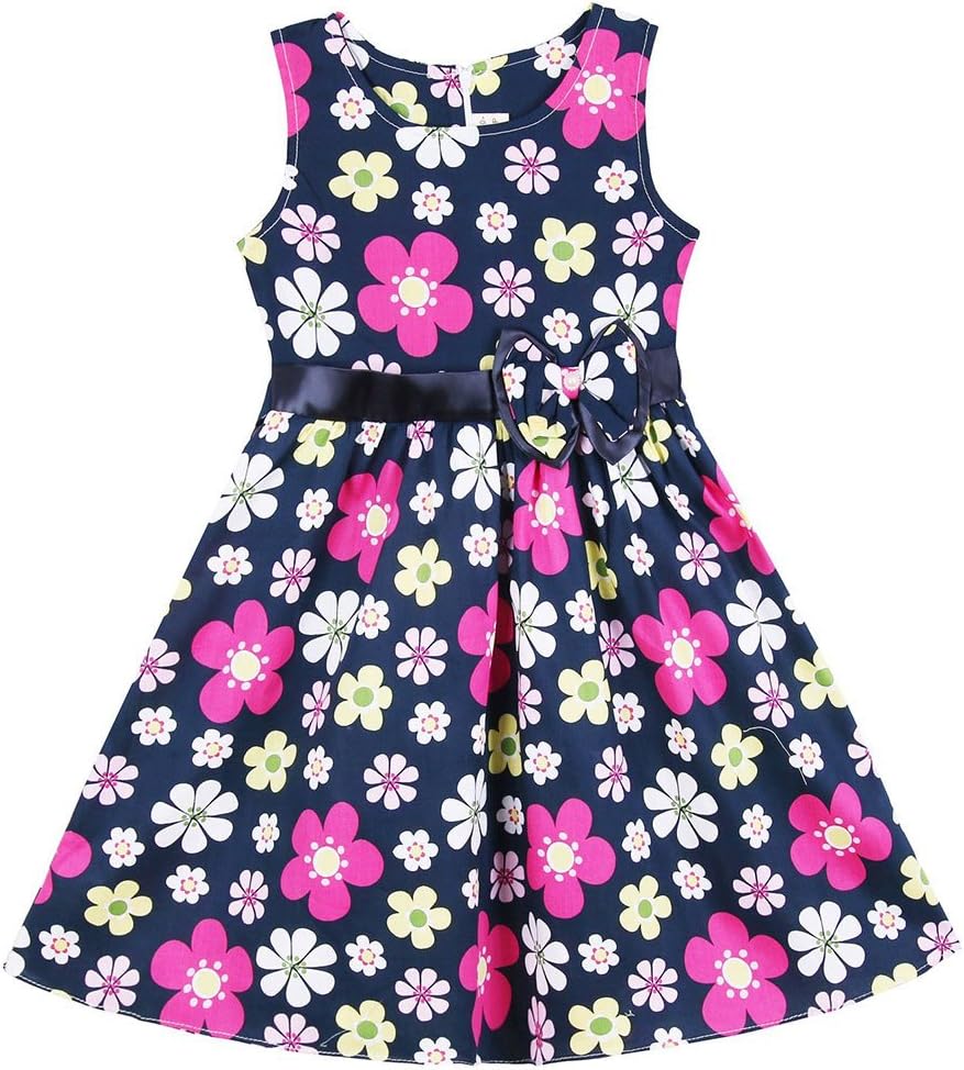 Girls Summer Sleeveless Flower Print Casual Dress with Bowknot 2-6 Years Blue Flower 130