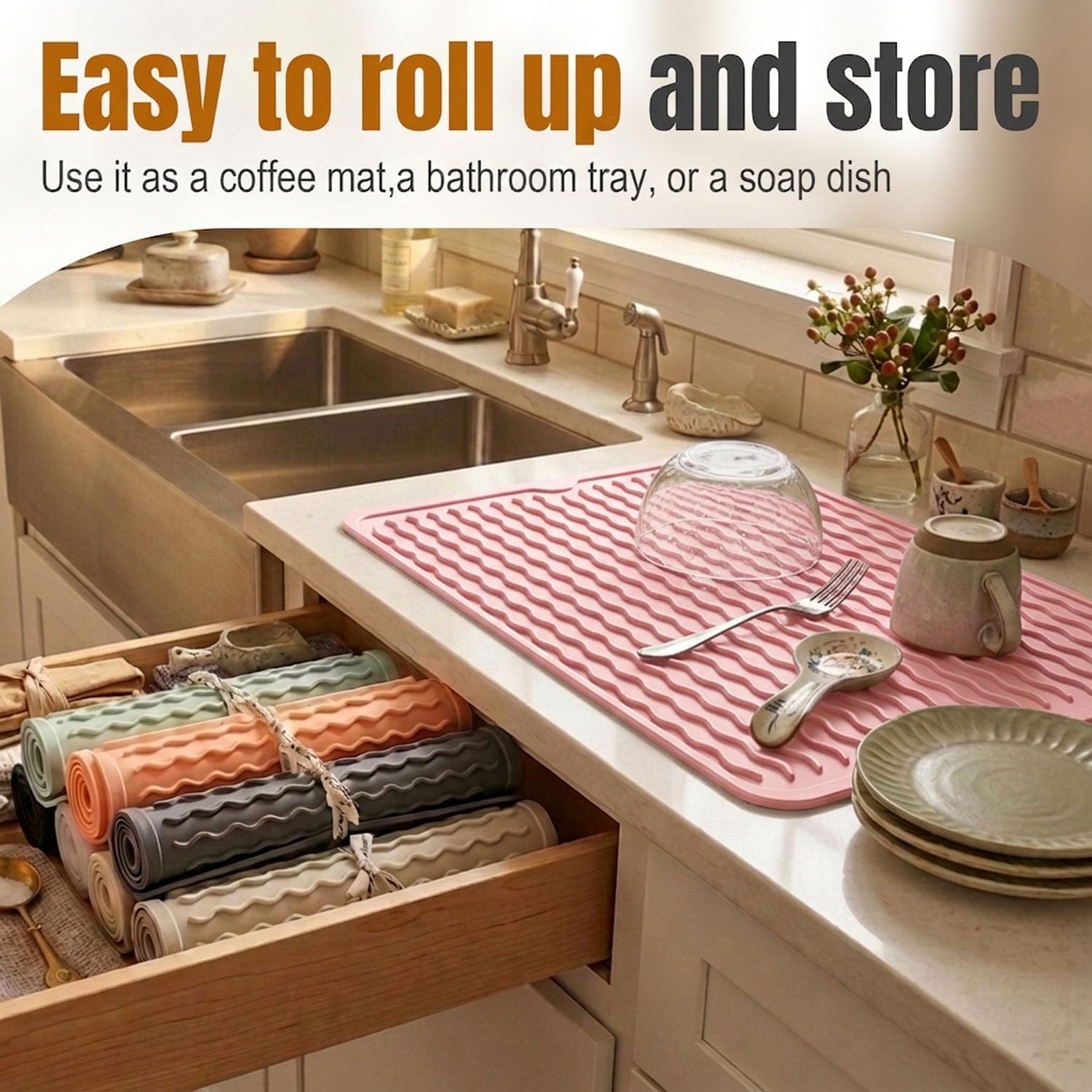 2 Pack Silicone Dish Drying Mat for Kitchen Counter Shower Caddy Rack Waterproof Trivets Under Sink Placemats Meal Prep Essentials for Women Espresso Machine Station Appliances 15"x11.5" Pink image 3