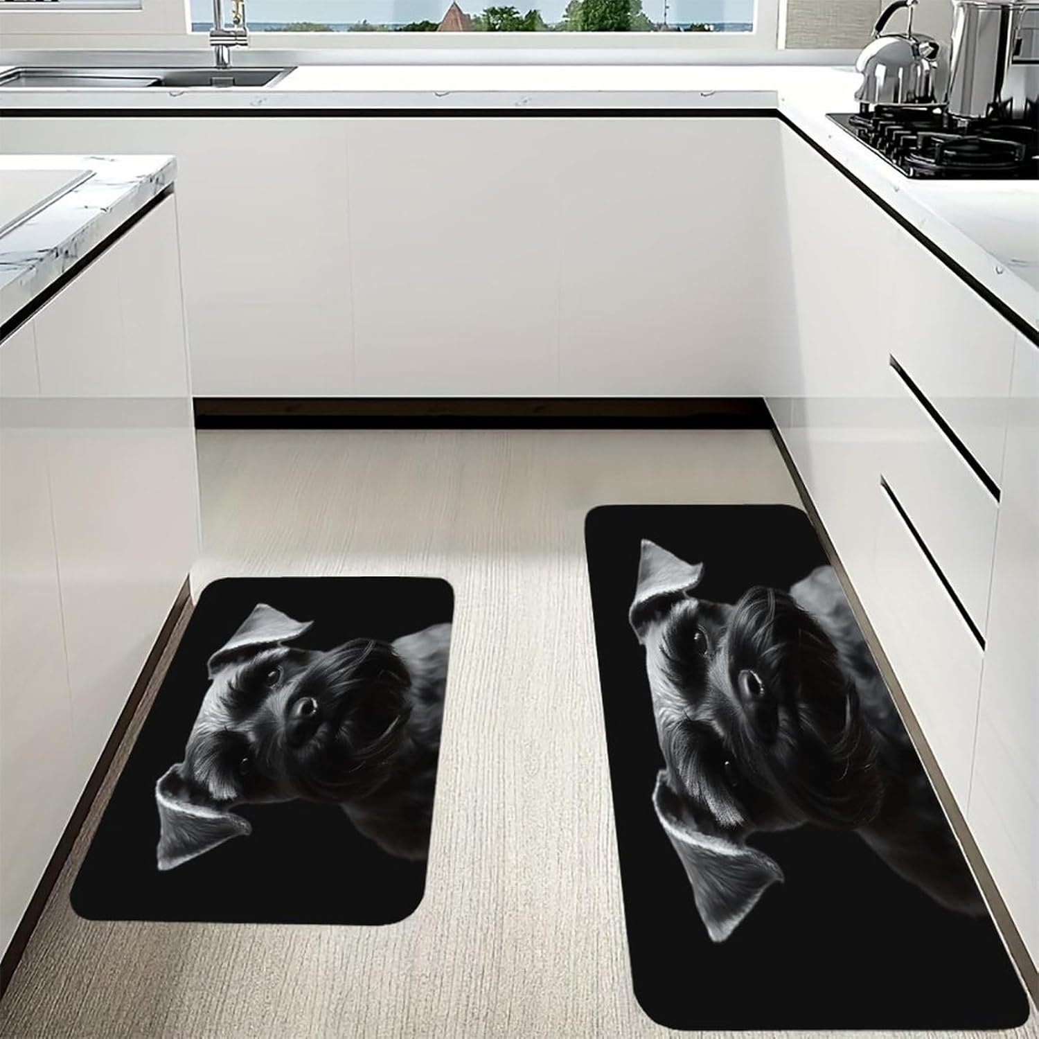 Black Schnauzer Dog Kitchen Mat Washable Non Slip Rugs Soft Kitchen Mats for Floor Set of 2 PCS Cushioned Absorbent Runner Standing Rugs for Home Sink Laundry Office