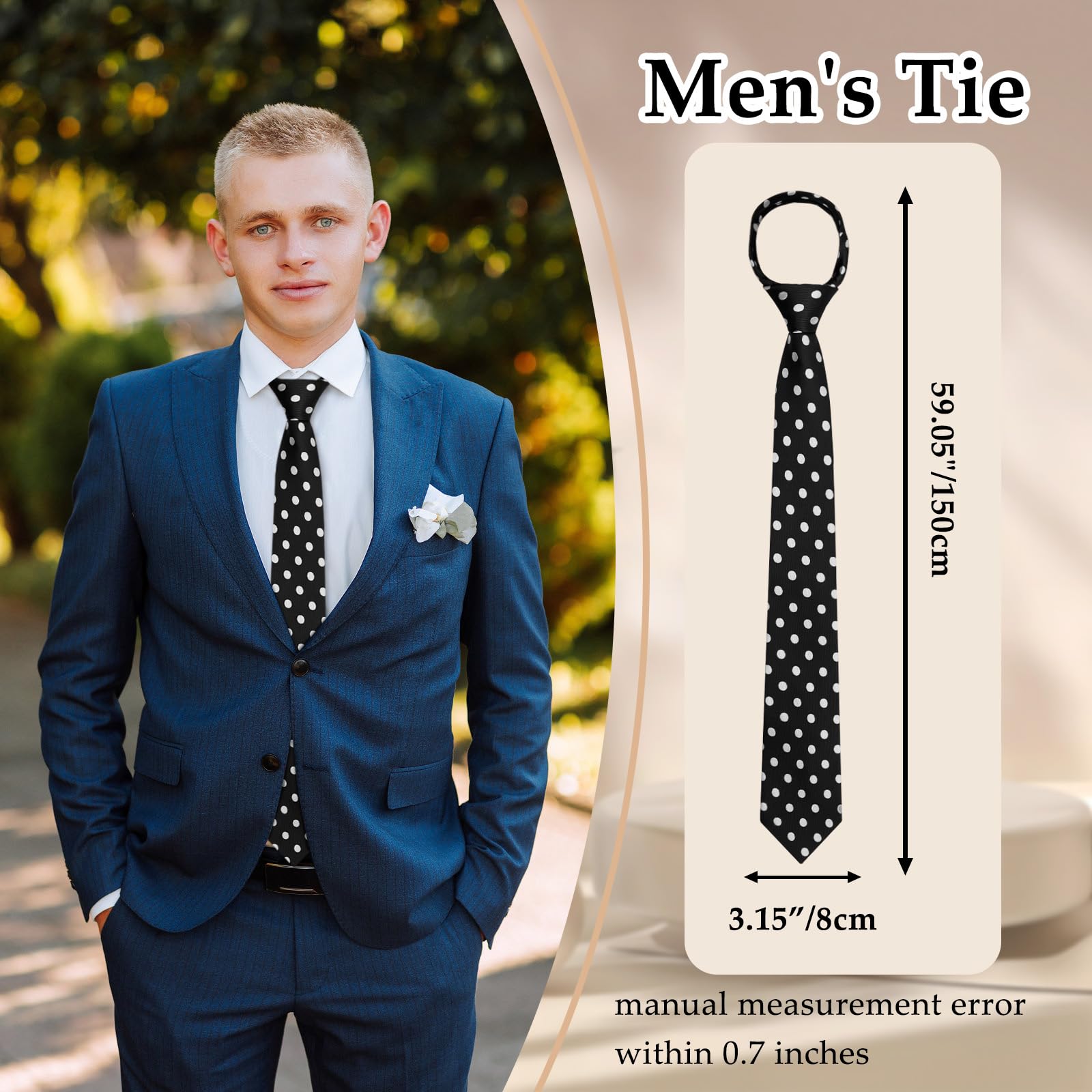 Corbatas para hombre, corbatas de lunares para hombre, corbatas y bolsillo cuadrado para boda, fiesta de negocios, negro blanco gran punto 7