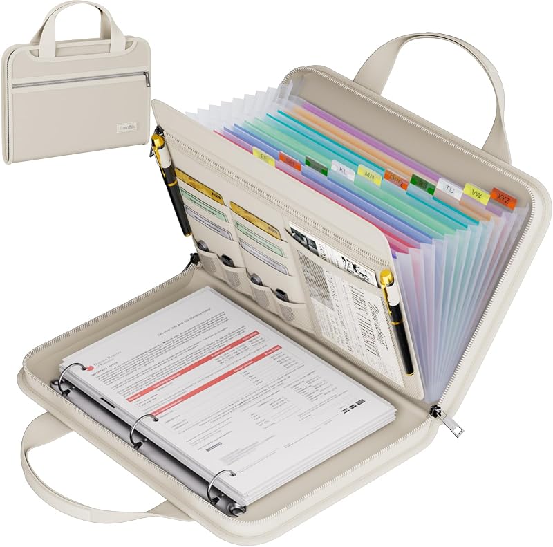 Carpeta archivadora de acordeón ignífuga Tamfile con asa, organizador de documentos | Carpeta de archivos expandible con 13 bolsillos, múltiples bolsillos, resistente al agua, caja fuerte portátil de viaje para archivos A4, viajes, Beige