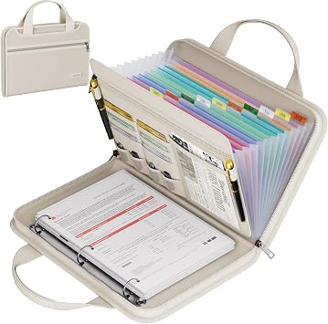 Tamfile Fireproof Accordion File Folder with Handle, Document Organizer | Expanding File Folder with 13 Pockets, Multiple Pockets, Water Resistant,Portable Travel Home Safe for A4 File,Travel,Beige