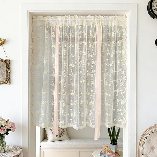 Lace Kitchen Curtains Floral Retro Bowknot Tie Up Kitchen Window Curtains for Farmhouse Modern Cafe Style Small Window Bathroom Window Cabinet Laundry Room Decor (Pink, 49" W x 59" L)