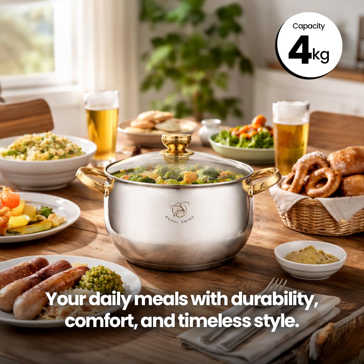 Royal Swiss® Batterie de Cuisine Inox 10 Pièces – Casseroles & Poêles avec Couvercles en Verre – Tous Feux – Acier Inoxydable Durable (6 pcs Gold)