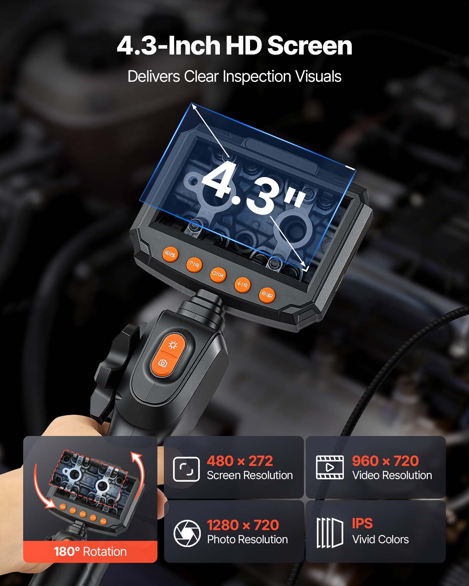 VEVOR Endoscopio Cámara de Inspección Articulado 180°, Cámara de Inspección de Tuberías con Sonda de 8 mm, Pantalla IPS, Cable de 1,5 m, Zoom Multinivel, 32 GB, 8 Luces LED 3 Niveles para HVAC Motores