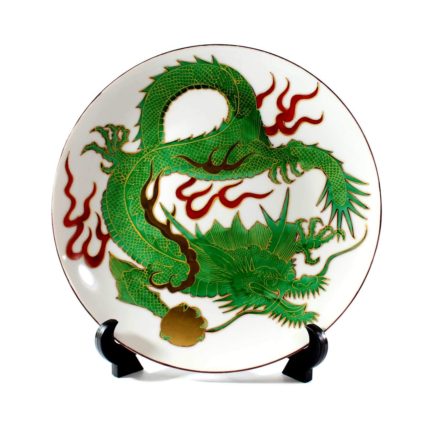 Amazon.co.jp: 有田焼 総手描き 伝統工芸品 緑彩釉金彩龍絵飾り大皿 桐