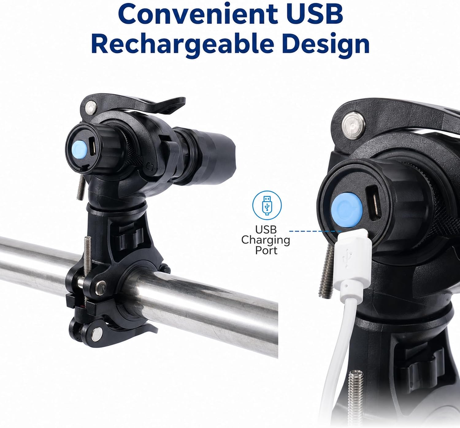 Cane and Walker Flashlight, USB Rechargeable Clip-On LED Walking Aid Light with 360° Rotating Ball Head, 3 Light Modes, Zoomable Aluminum Flashlight for Rollator, Crutches and Wheelchair.