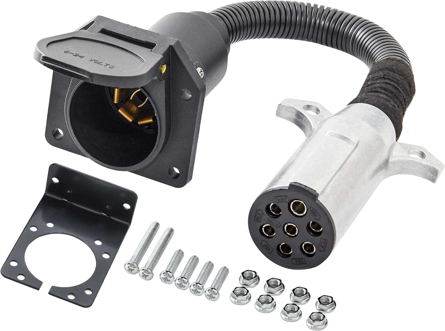Oyviny 7 Pin Round to 7 Pin RV Trailer Adapter with Mounting Bracket, 7 Pole Round to 7 RV Blade Adapter 14 Inches Length