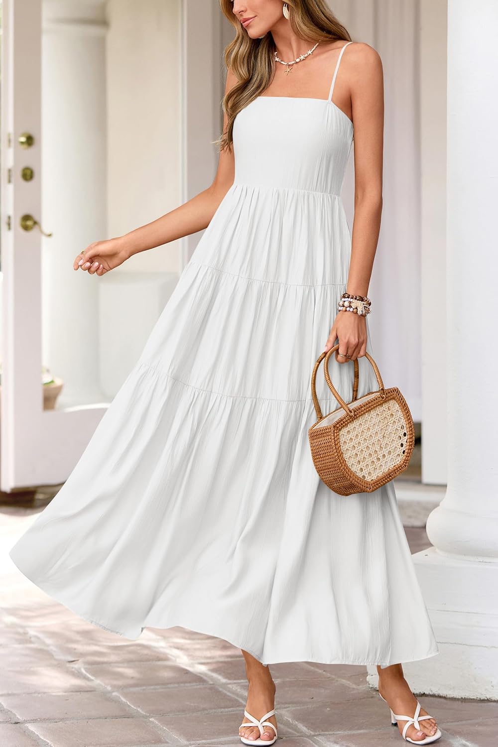 Okiwam Women's Summer Dress 2026 Casual Boho Sleeveless Spaghetti Strap Smocked Maxi Dress Ruffle Long Beach Sundresses