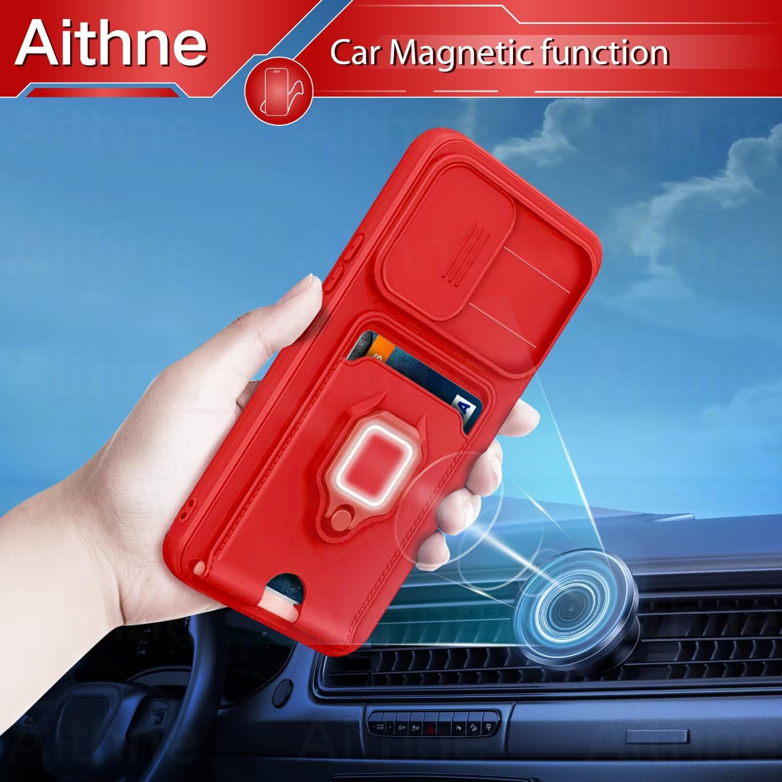 Funda con Cuerda para Samsung Galaxy A56 5G Case con Ranura para Tarjetas,360 Anillo función de Soporte Cubierta -Rojo — view 6