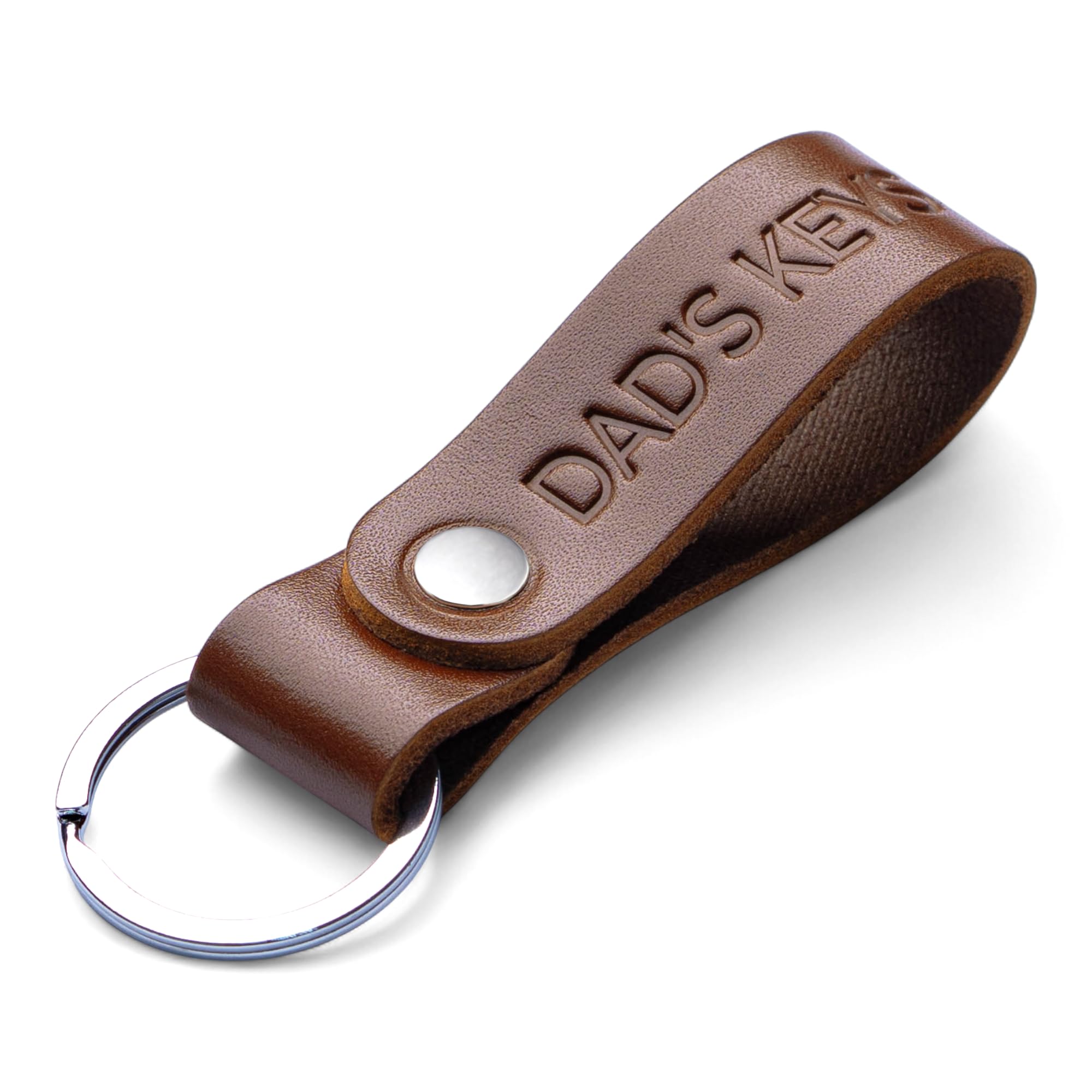 MAGOR Handmade Full Grain Leather Keyring Personalised Keychain for Men Women Car Keys Gift for Him Her Dad Husband Premium Hot Embossed Brown Leather Loop in Gift Box (DAD'S KEYS)
