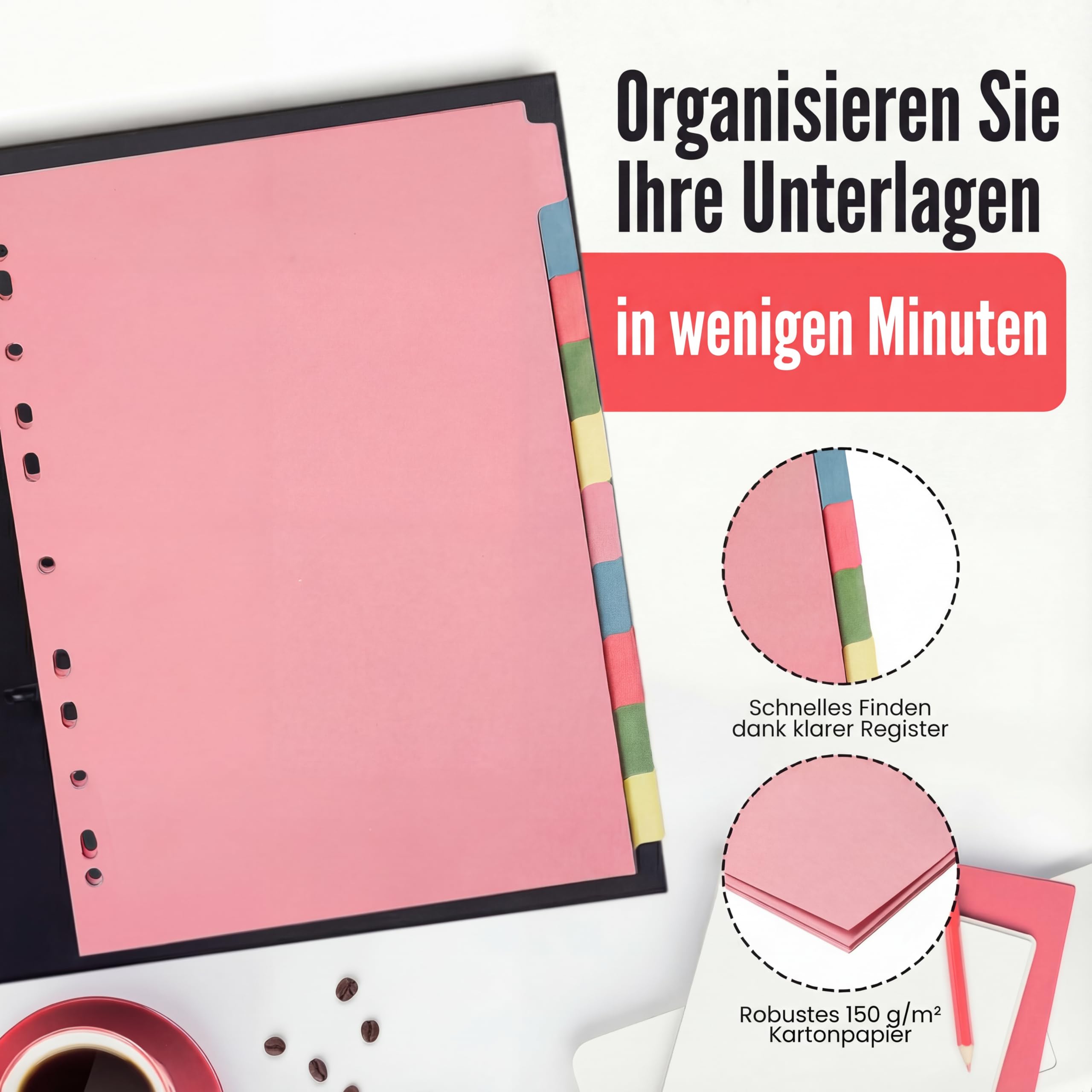 The Paper Shop A4 Ordner Register Unterteiler Hochformat 150 g/m² | 5 Pack | 10-Teilig Mehrfach Gelocht Aus Stabiler Pappe | Farbige Trennblätter für Dokumente Büro Schule Archiv Organisation
