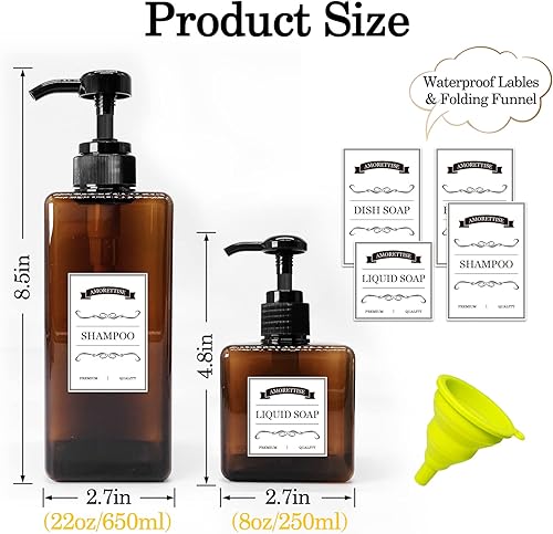 Miniatura 2 de Paquete de 12 botellas dispensadoras de champú y acondicionador, paquete de 8 unidades de 22 onzas y 4 botellas cuadradas recargables de plástico de