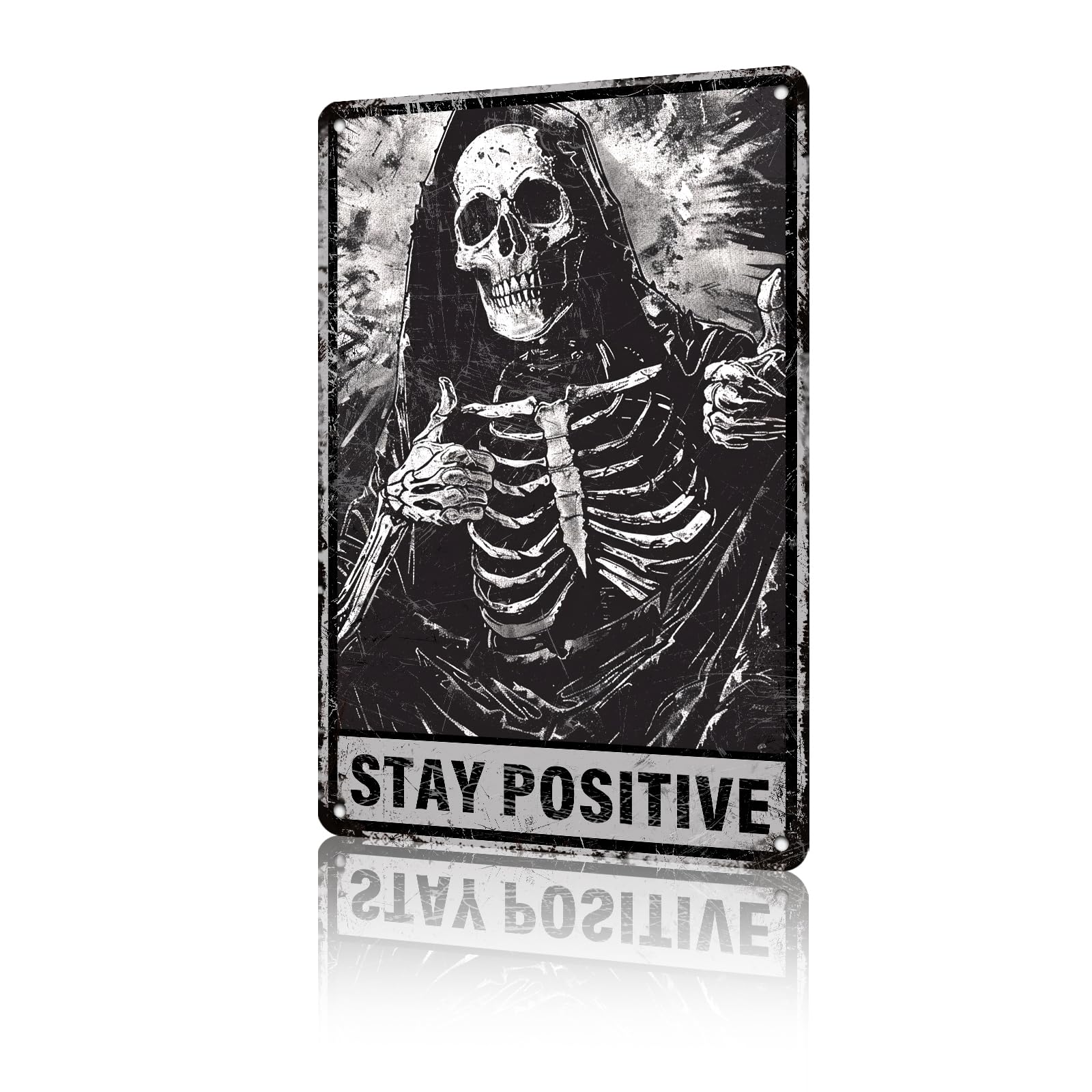 Anceky Funny Sign Stay Positive Skull Metal Tin Sign Vintage Wall Decor for Garage Yard Home Bedroom Kitchen 12×16 Inch