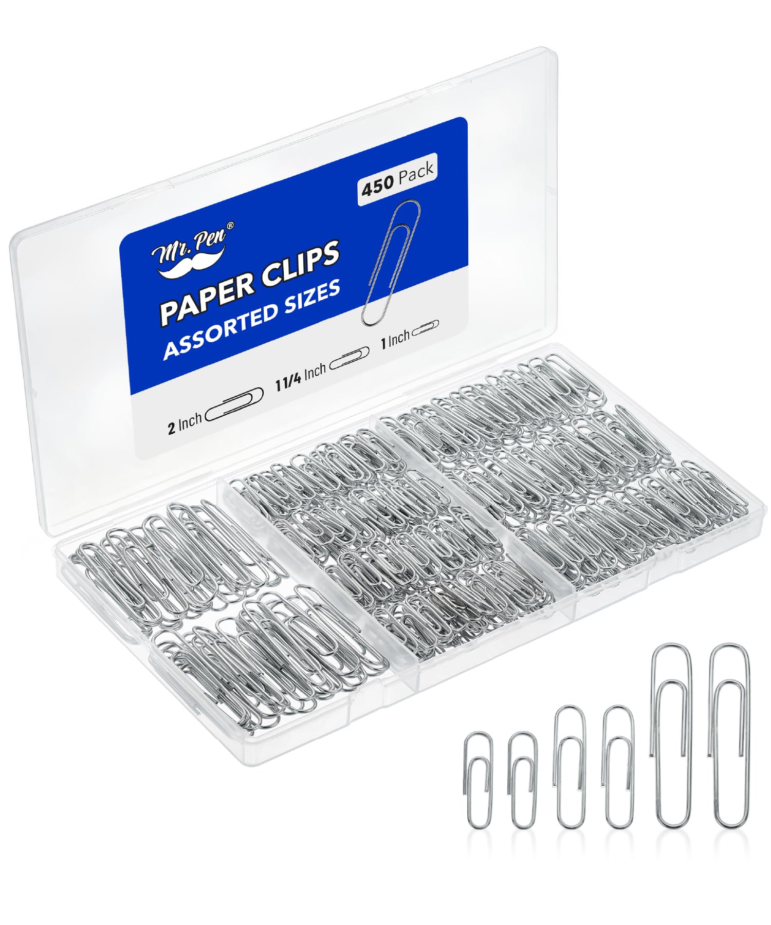 Mr. Pen- Silver Paper Clips, 450 pcs, 1", 1-1/4", 2", Zinc Galvanized Silver Paper Clips with Storage Box, Large and Small for Office, School, DIY, Binder Clips, Business Card Holders & Envelope Clips