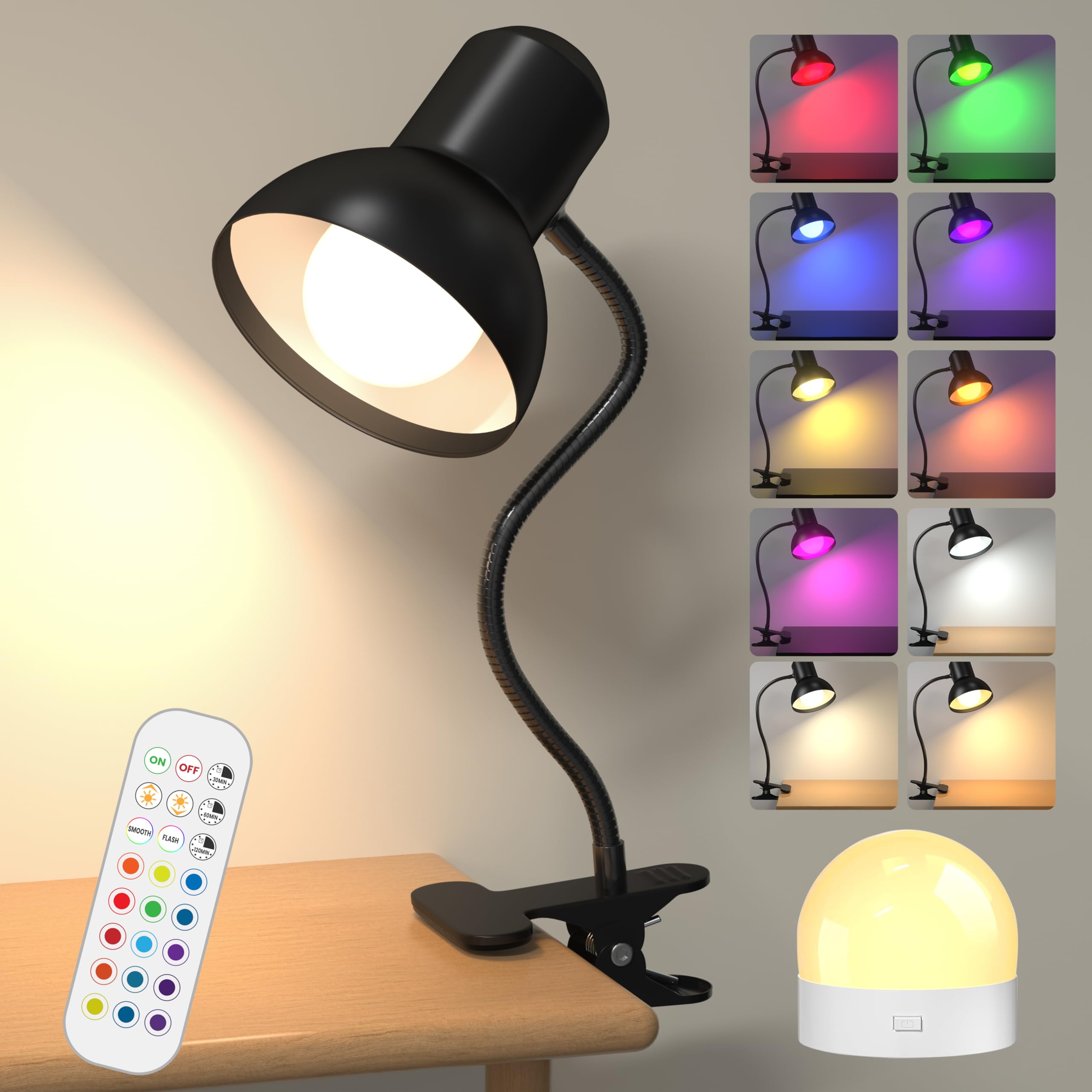 Lampe de Lecture Sans Fil Rechargeable - Pince pour Lit & Bureau, 3 Températures + 12 Couleurs, 10 Niveaux Luminosité, Camping, Ambiance RGB