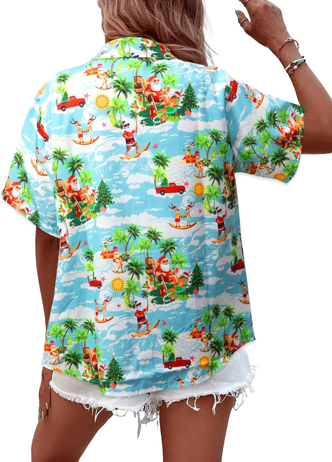 Christmas Shirts Women Hawaiian Christmas Button Down Shirt Funny Christmas Graphic Short Sleeve Button Up Tops - Image 3