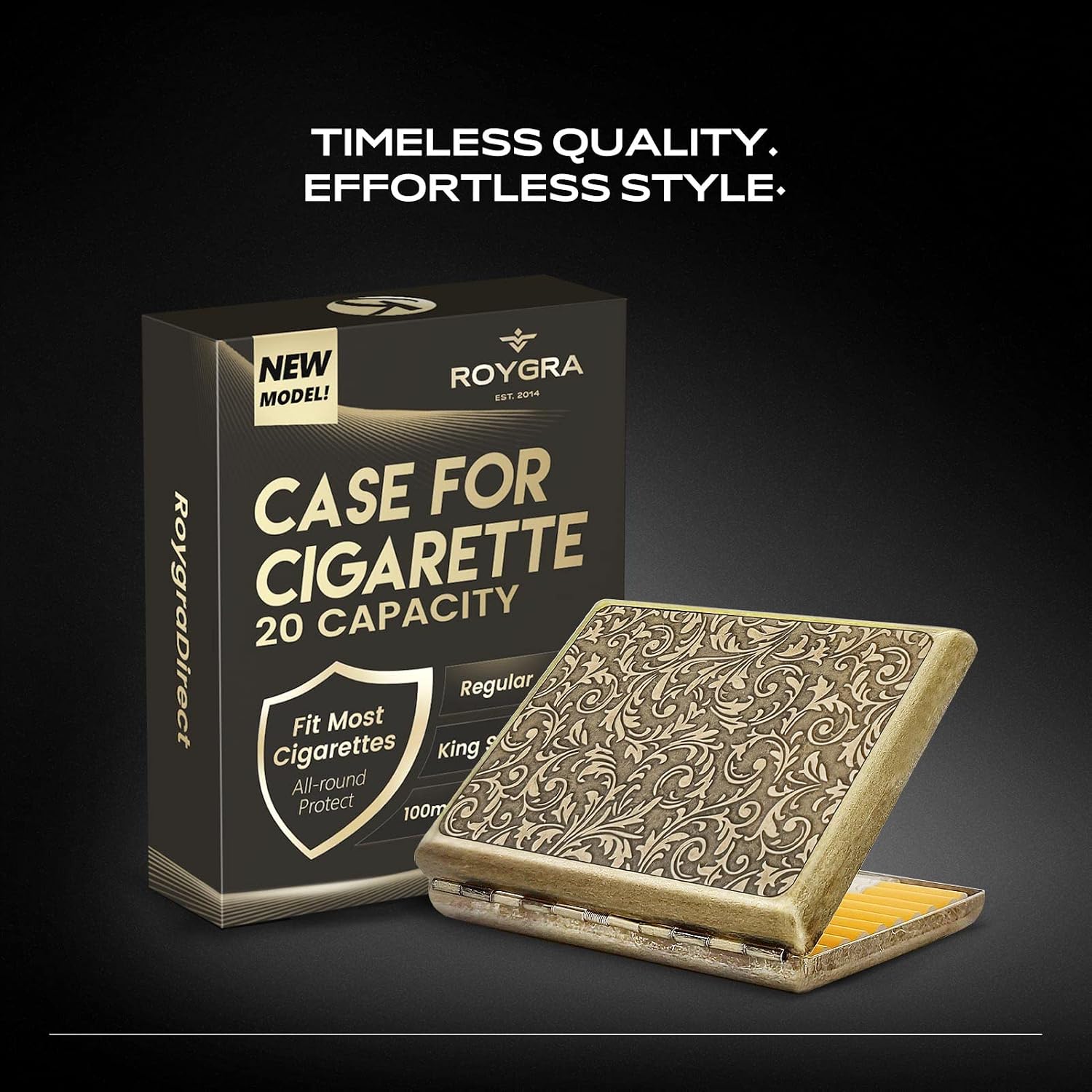 roygra Cigarette Case for Regular, King and 100's Size - 20 Capacity, Retro Zinc Alloy Pocket Holder