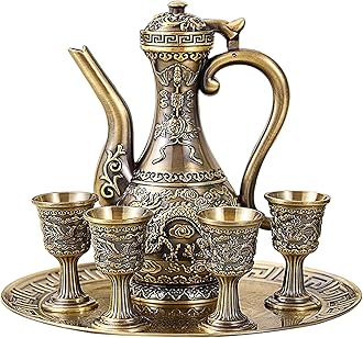 Vintage Turkish Coffee Pot and Cups Set,Teapot Tea Service Set Including 4 Metal Cups and Tea Tray for Tea Table Decor,Wedding Ornament (Bronze)