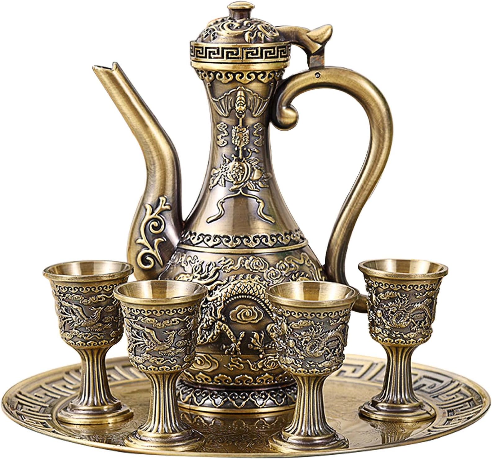 Vintage Turkish Coffee Pot and Cups Set,Teapot Tea Service Set Including 4 Metal Cups and Tea Tray for Tea Table Decor,Wedding Ornament (Bronze)
