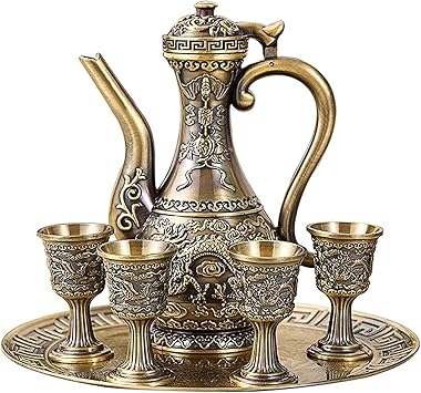 Vintage Turkish Coffee Pot and Cups Set,Teapot Tea Service Set Including 4 Metal Cups and Tea Tray for Tea Table Decor,Wedding Ornament Bronze