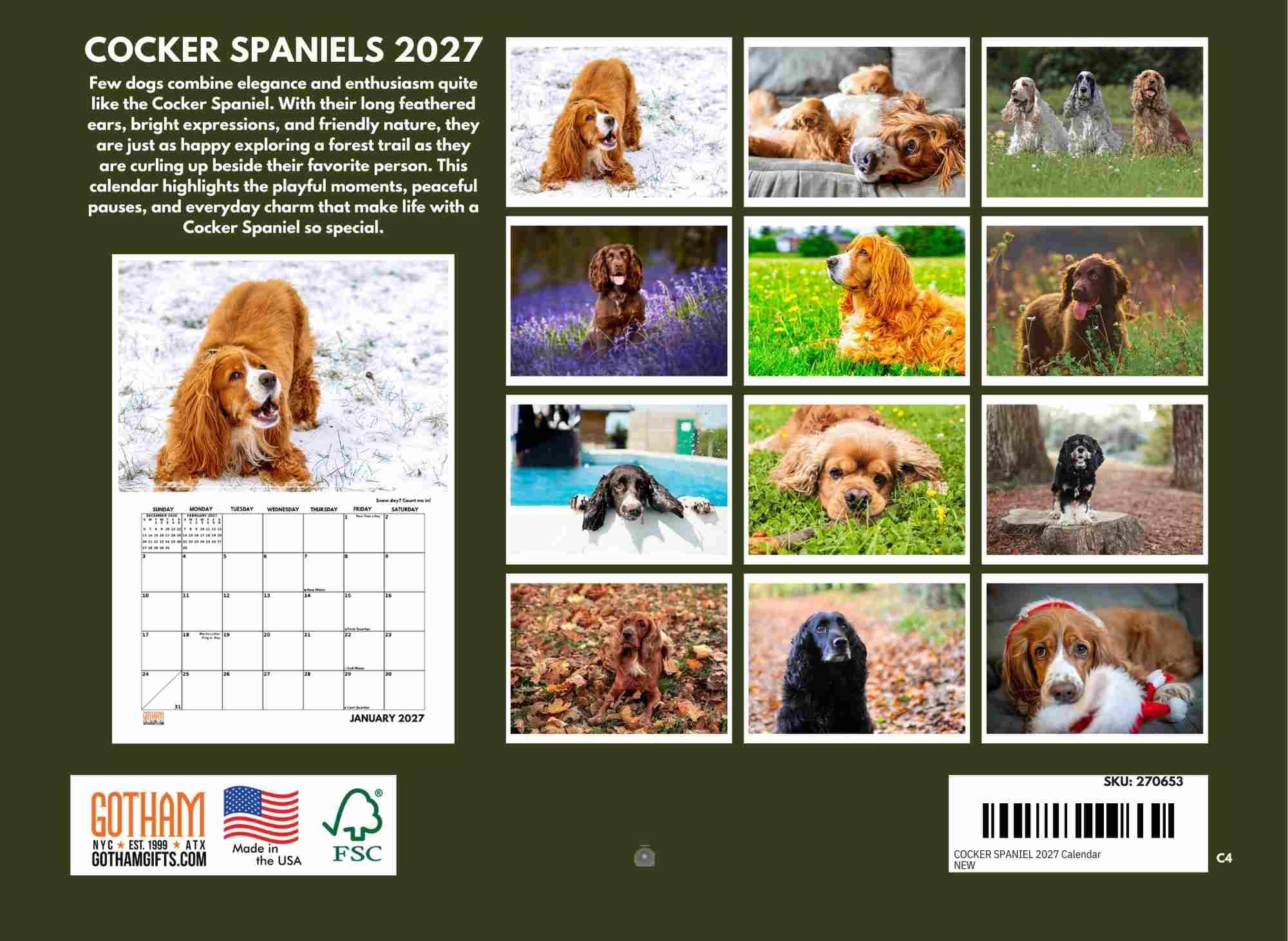 Cocker Spaniel Dog Calendario de pared 2025 | Fabricado en los Estados Unidos