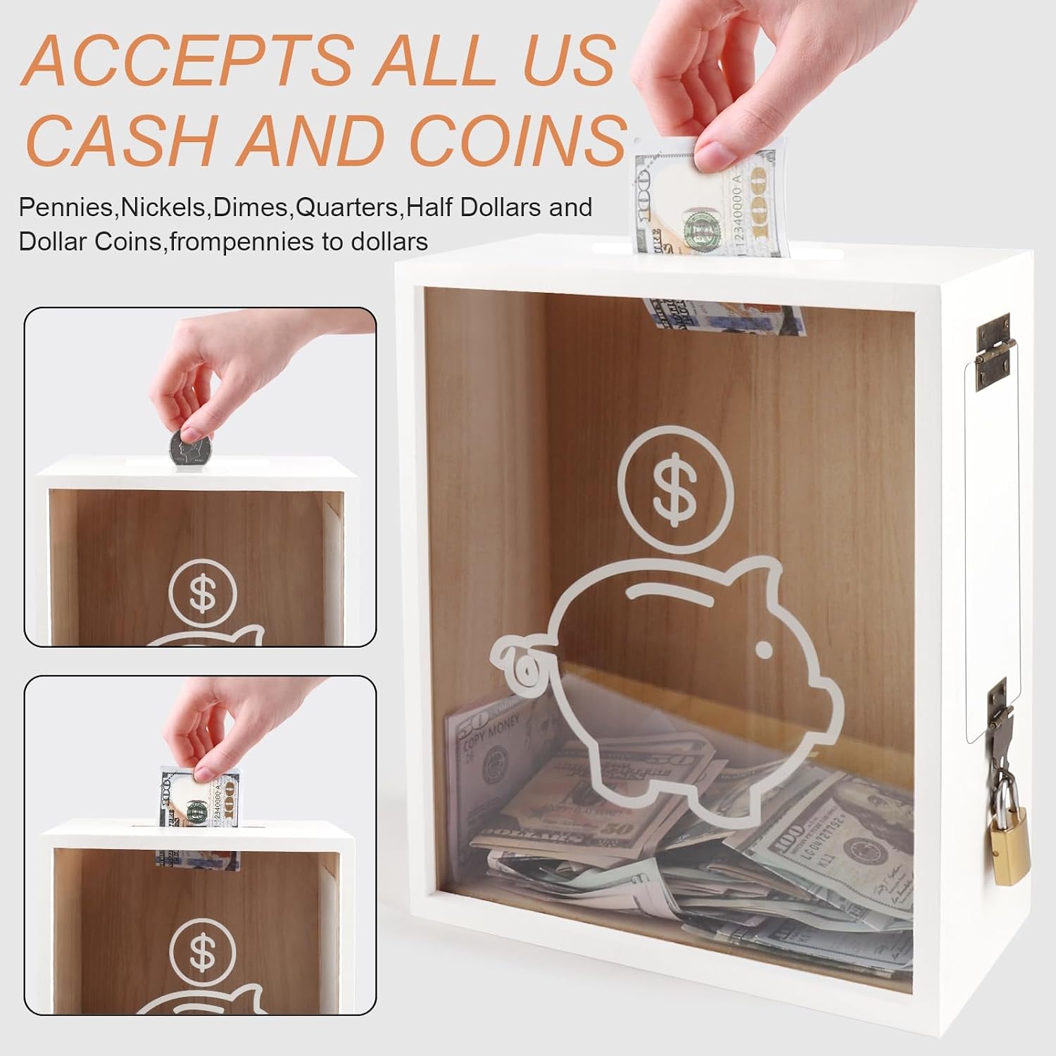 Clear Piggy Bank with Lock, Large Money Saving Money Bank Box Container for Cash Saving, Openable Clear Money Coin Change Bank Container Penny Piggy Bank for Adults Kids, White