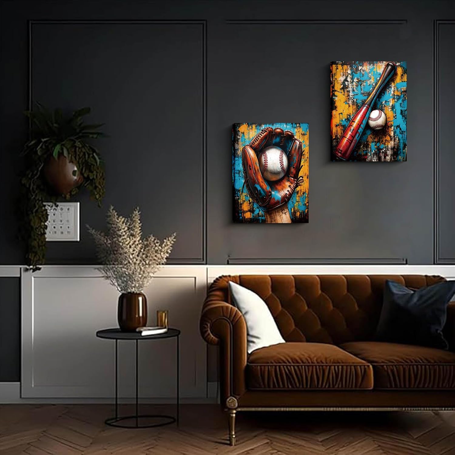 Framed Baseball Canvas Wall Art Prints Set of 2 (12"x16") Vintage Baseball Picture Wall Decor,Colorful Sports Graffiti Inspirational Poster Painting Artwork for Boys Room Office Teen Room Home Decor