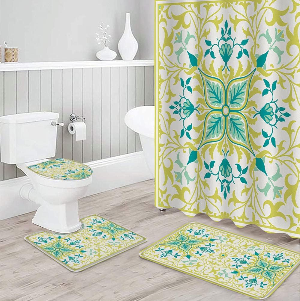 ZGDPBYF 4ピースシャワーカーテンセットヴィンテージファームハウススタイルパターンシャワーカーテントイレふたカバーバスマットセ