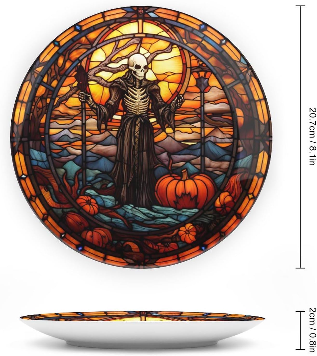Decorative Plates, Halloween Ghost Stained Glass Design Display Plate for Home Office Kitchen Table Decor Porcelain Plates 8 Inch, Gifts for Halloween