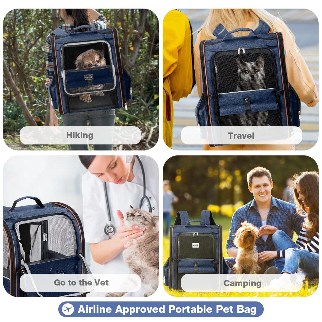 Extra großer Katzenrucksack, erweiterbar, Haustier-Tragetasche, Rucksack für kleine Hunde, mittelgroße Katzen, passend für bis zu 8,2 kg, Hunderucksack, faltbar, für Reisen, Wandern, Blau