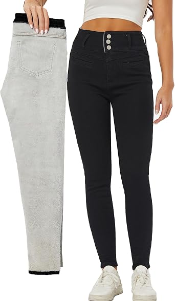 heipeiwa Womens Fleece Lined Jeans Winter Thermal Warm Denim Pants High Waisted Skinny Flannel Lined Jeans