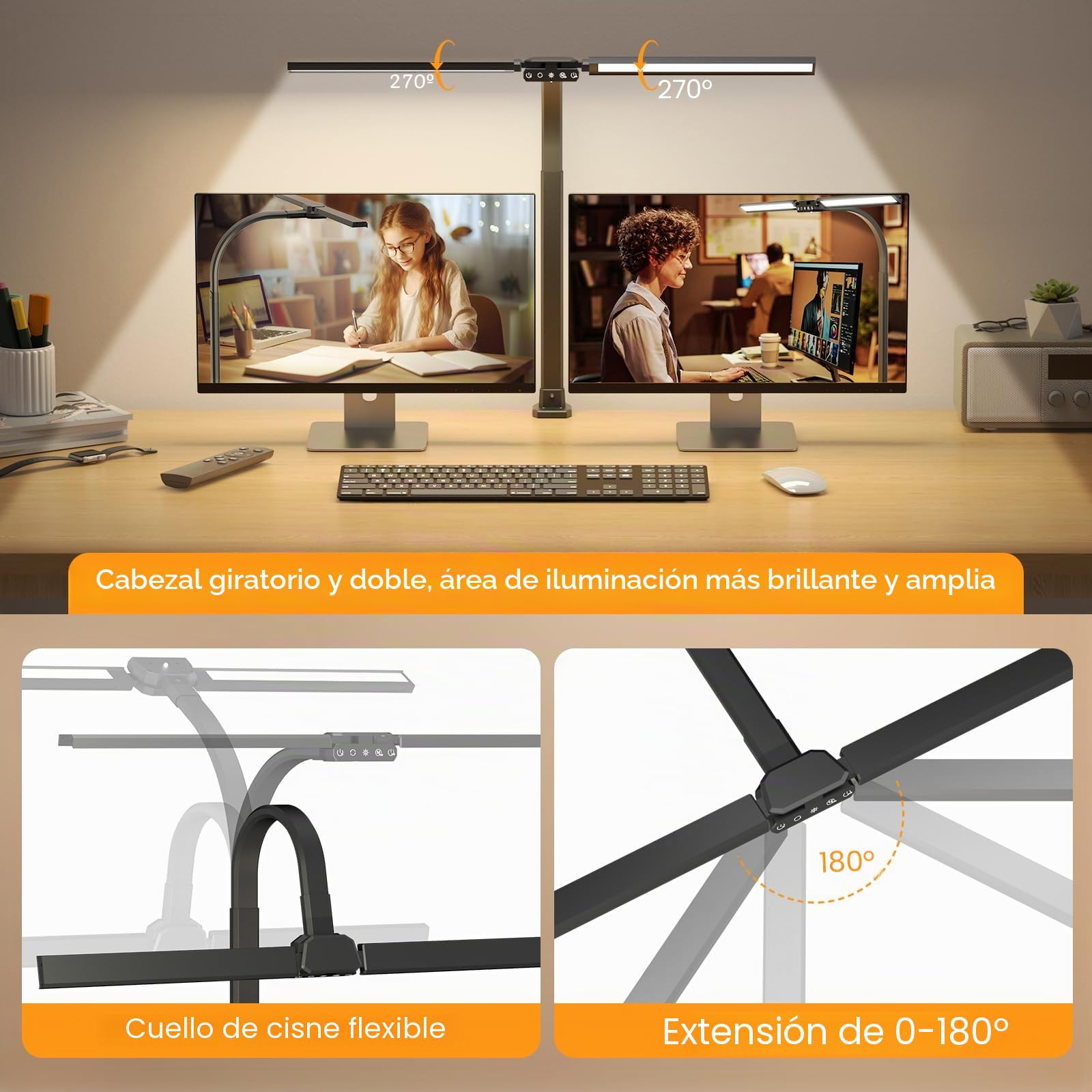 SIBRILLE Lámpara de escritorio RGB de doble cabeza LED regulable, 22 W, 80 cm, luz diurna con mando a distancia, giratoria, protección ocular, cuello de cisne