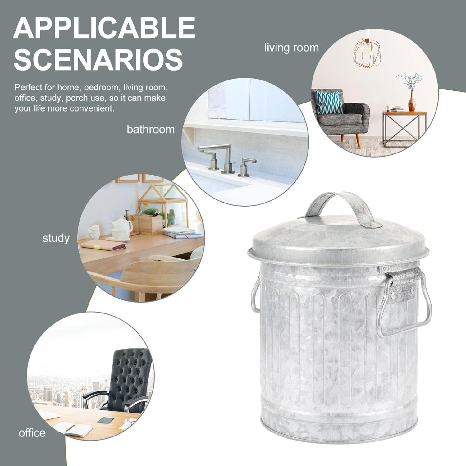 Mini Galvanized Trash Can with Lid, Mini Desktop Wastebasket Small Metal Buckets Metal Rubbish Bin Garbage Can Flower Pot Pen Holder for Kitchen Countertop A, 18.50X14.50X14.50CM, As Shown 2