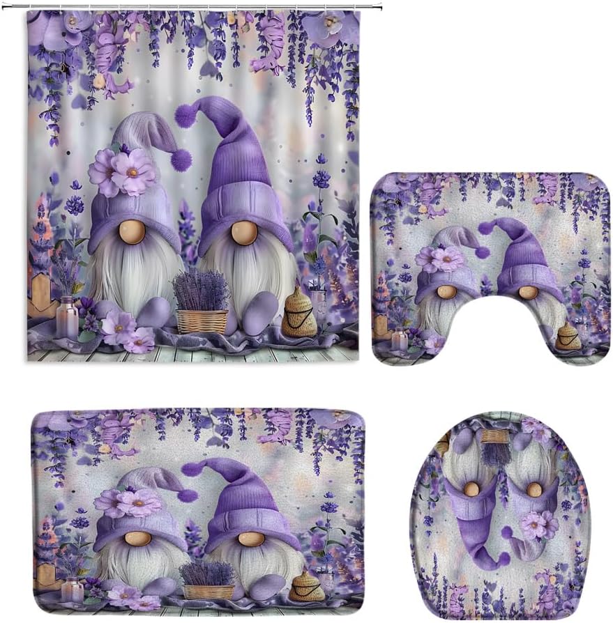 4PCS Purple Floral Gnome Shower Curtain Watercolor Lavender Green Leaves Rustic Wooden Board Farmhouse Spring Nature Plant Bathroom Decor Set with Floor Mat, Bath U-Shaped Rugs and Toilet Lid Cover