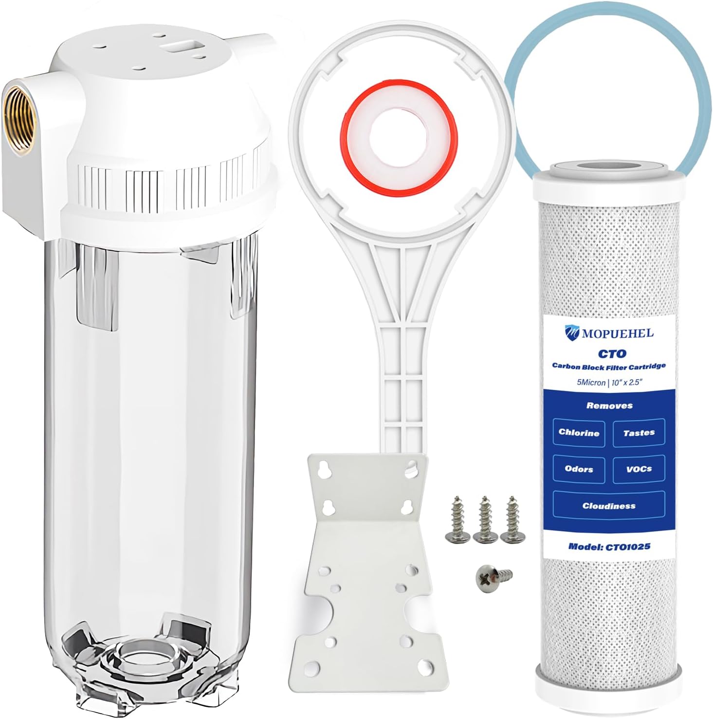 Whole House / RV Water Filter Housing Clear, 10" X 2.5" Inline Sediment Water Filter for RV, Home, Garden, Aquarium, 3/4" Brass Port, R-Type O-Ring, Heavy Duty Bracket, with CTO Filter - 1025CBC