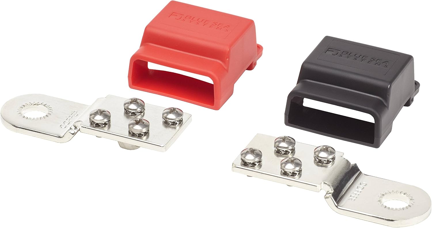 Blue Sea Systems 2340 Battery Terminal Mount Tin-plated Copper BusBars, Positive and Negative with 4 x 10-24" Stainless Screws, 32V, 100A,Red/Black