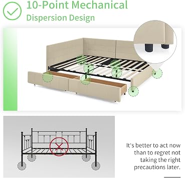 DEINPPA Full L-Shape Corner Bed Frame with 2 Drawers, Velvet Upholstered Tufted Daybed with Slat, Floor Platform Bed with Soft Headboard for Bedroom Nook, No Box Spring Needed-Beige