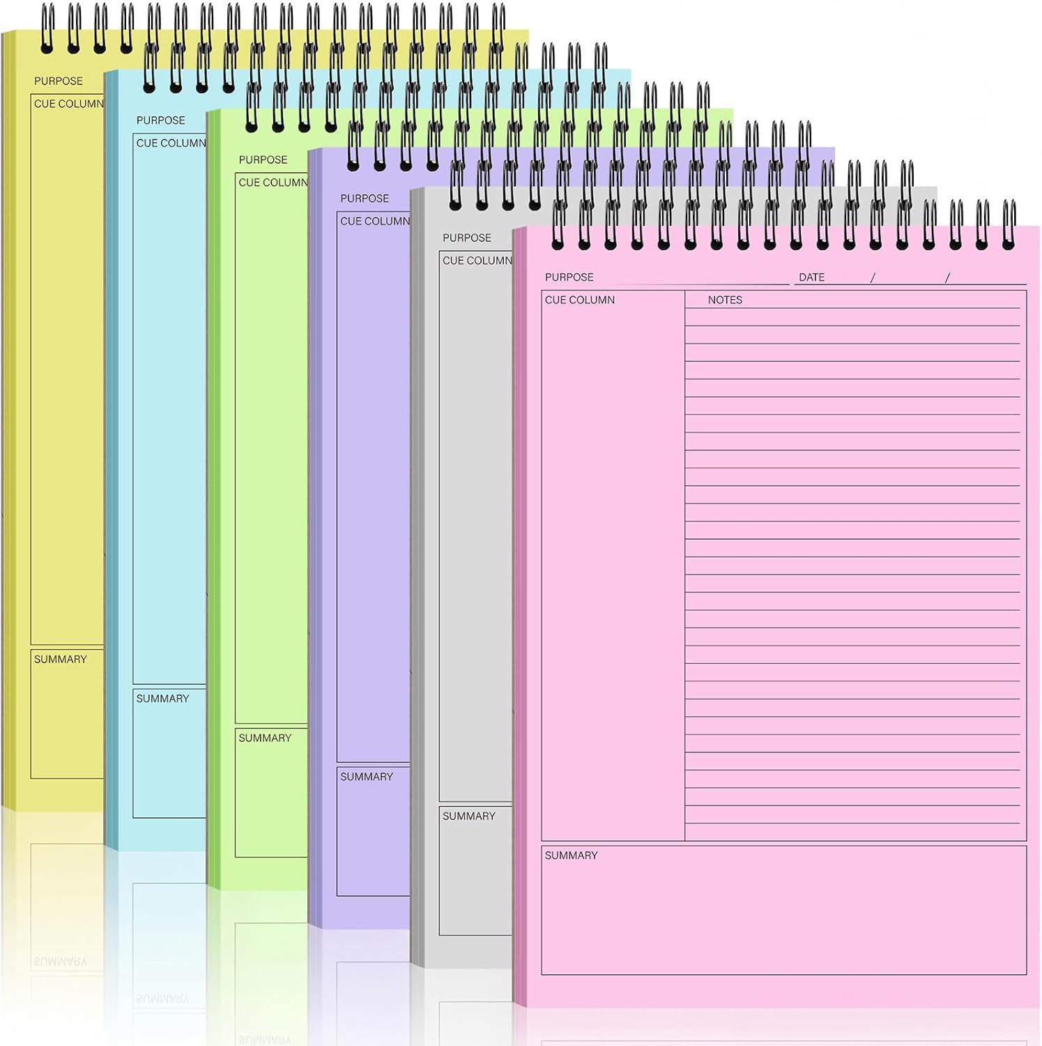 6 Pcs Notepads 50 Sheets 6.5 x 9.8 Inch, 6 Multi Colors Spiral Daily Planner Notebooks with Multiple Functional Sections for Classroom Office Plan Work Schedule(Cornell Notes,Light Colors)