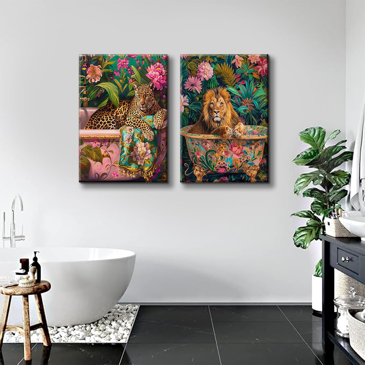 2Pcs Bathroom Leopard Wall Art Bathtub Animal Wall Decor Fun Bathroom Painting Pictures Trendy Leopard Poster Prints Suitable for Living Room Bedroom Ready to Hang (12x16in Canvas)