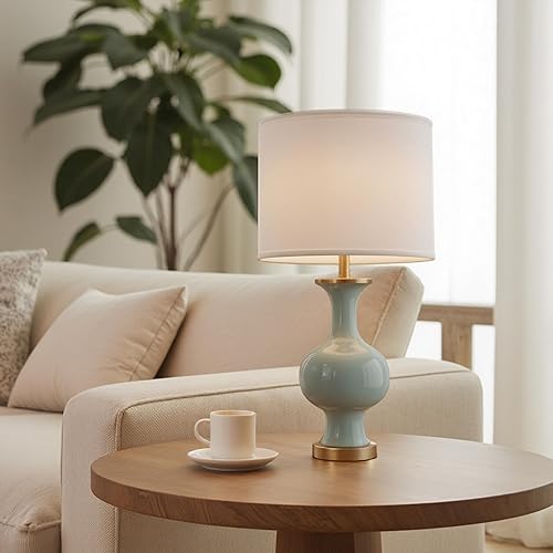 Lámpara de mesa de cerámica verde de 21 pulgadas, lámparas de dormitorio para mesitas de noche, lámparas de noche de granja para dormitorio, sala de